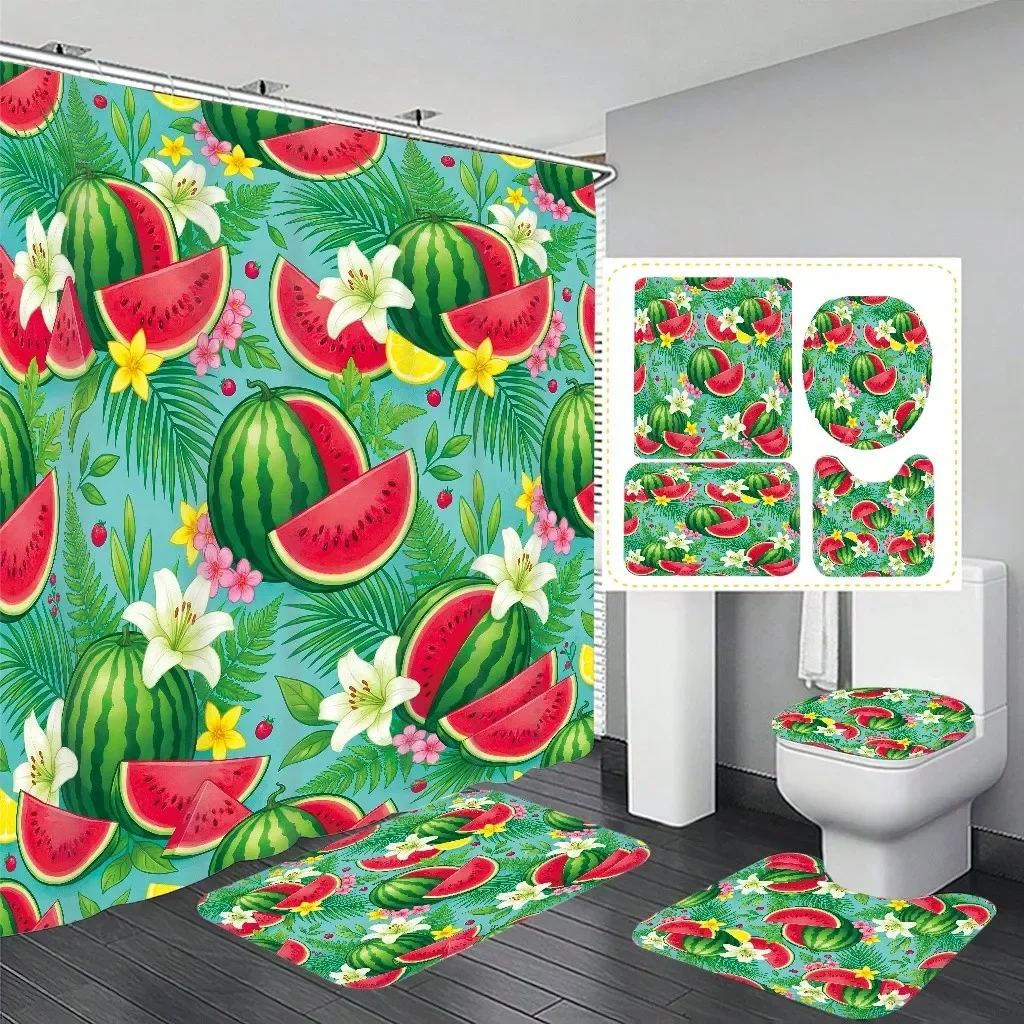 

1pc/4pcs Summer Watermelon & Floral Pattern Bathroom Decor Shower Curtain Set, Free 12 Hooks Included, Elegant Holiday Atmosphere, Bathroom Mat, U-Shaped Toilet Mat And Round Toilet Mat, Suitable For All Scenarios Bathroom Set