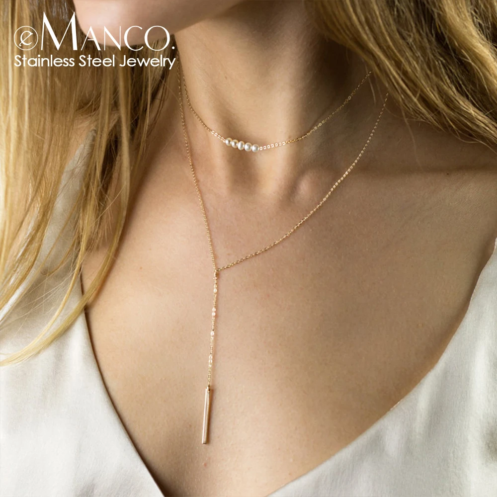 EMANCO Fashion Layered Chain Necklace Gold Color Chain Imitation Pearls Necklace for Women Geometric Female Chokers Necklaces