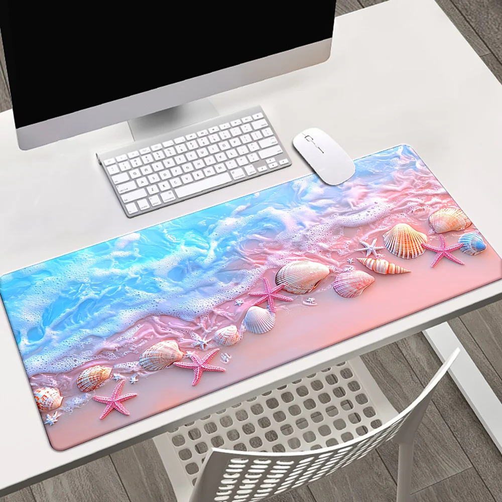 

Коврик для мыши с изображением пляжных ракушек, морских звезд и волн, удлиненный, нескользящий, резиновый, для игр и офиса
