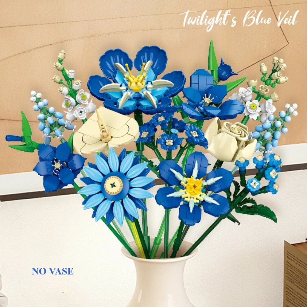 

MOC Midnight Blue Tulip Flower Bouquet Building Blocks Set Cool Rose Tone Series Ornament Toy For Children Birthday Holiday Gift