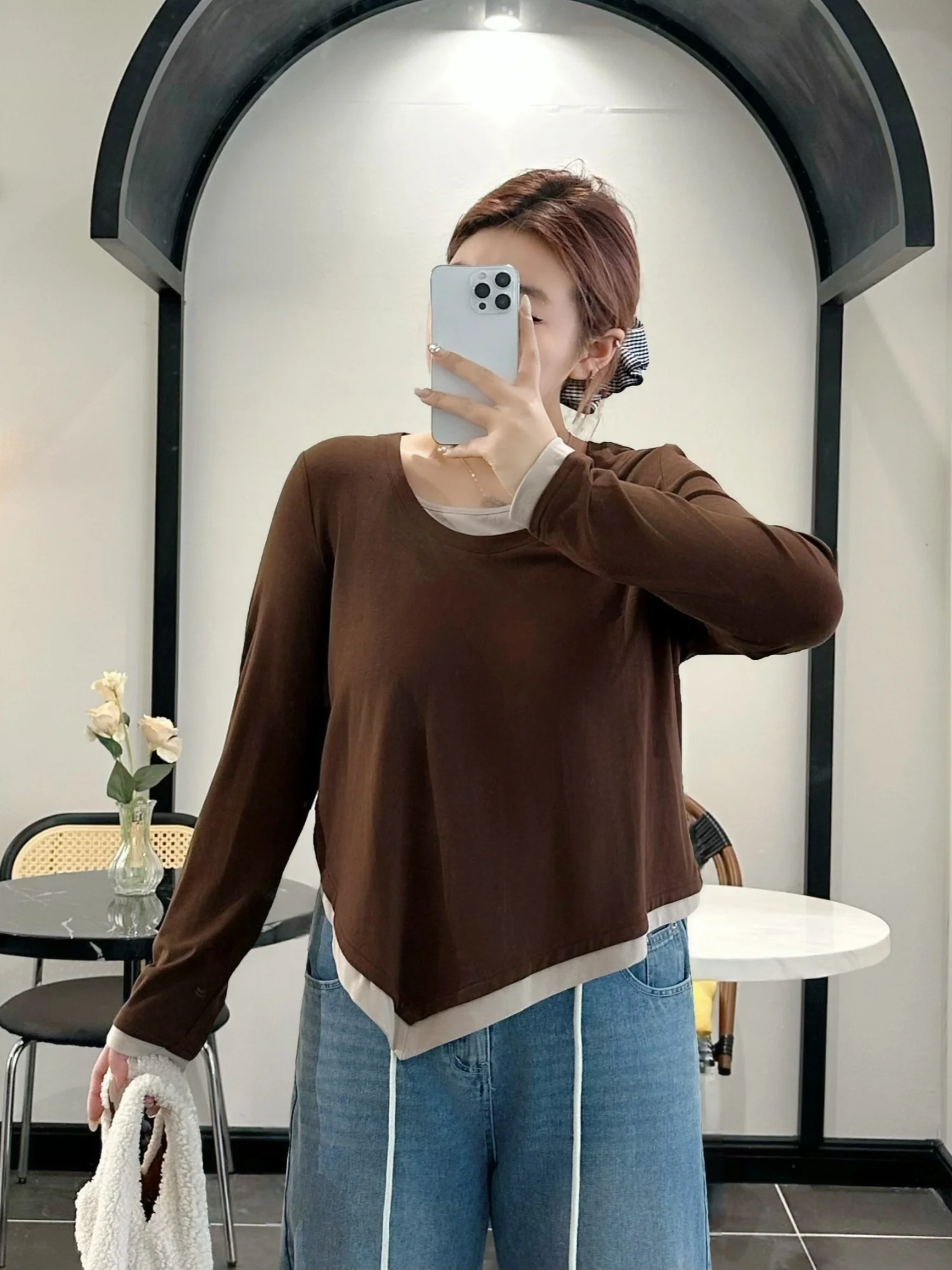 

Новая весенняя женская футболка больших размеров с длинным рукавом, базовая модель, асимметричный дизайн, вязаный топ, повседневный стиль, стандартный крой