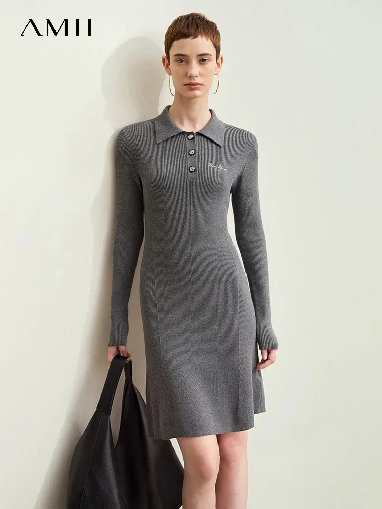 

Amii Minimalism 2024 Dresses for Women Autumn New Office Lady Lapel Letter Embroidery Slim Casual Chic Midi Knit Dress 12413014