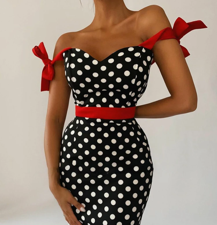 Dress for Women 2024 New Summer Casual Fashion Off The Shoulder Sleeveless Wave Dot Contrast Panel Long Dresses Female Vestidos