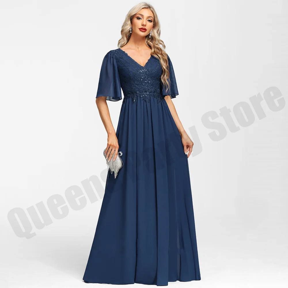 

New Arrival Chiffon Evening Wedding Guest Dresses Batwing Sleeves V Neck Sequin Applique A Line Mother of The Bride