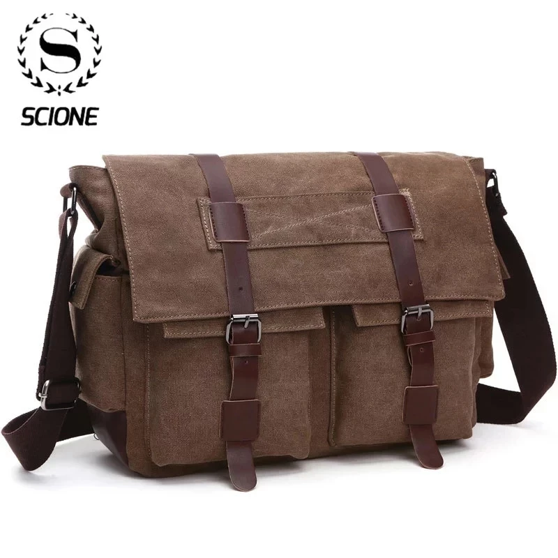 Scione Men Business Messenger Bags For Men Shoulder Bag Canvas Crossbody Pack Retro Casual Office Travel Bag Vintage Retro Bags