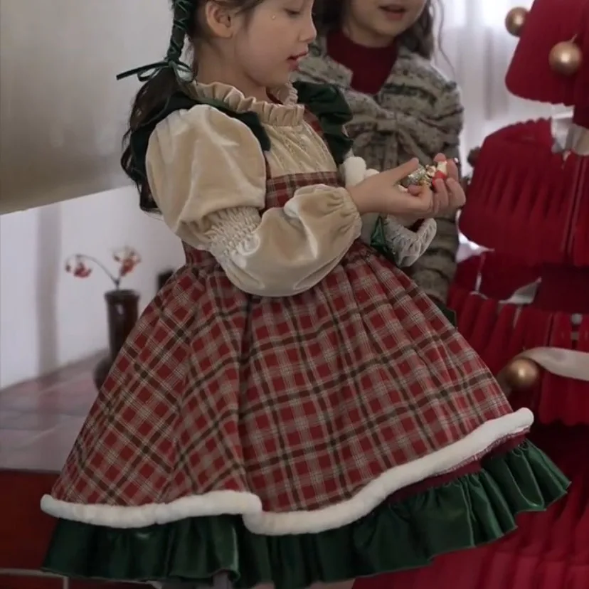 

Girl Dress Christmas Girl Princess Dress 2023 Winter New Style Sweet Children Plaid Doll Collar Dress Girl One Piece Dresses