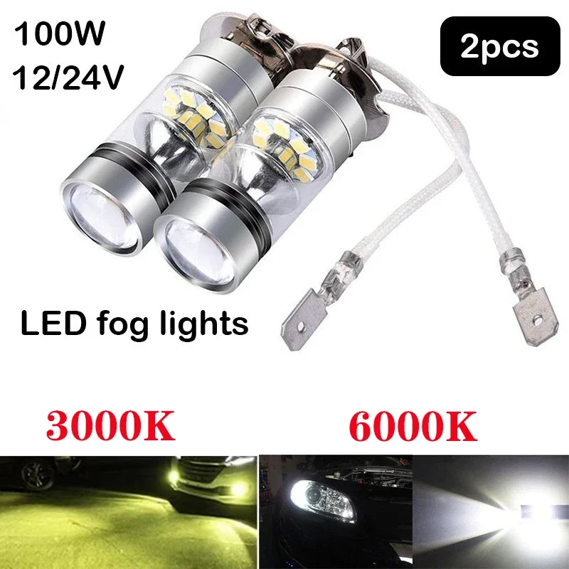 2Pcs 100W H1 H3 LED Fog Light Driving Bulb 12/24V Fog Lamp Headlamp 20SMD 10000LM White 6000K Car Headlight Car Accessories