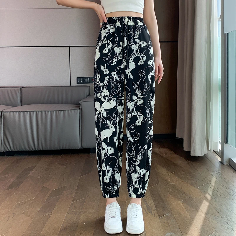 2023 neue Sommer koreanischen Stil Frauen lässig locker sitzen Chiffon knöchel lange Hose elastische Taille Cartoon Print Harems hose v418