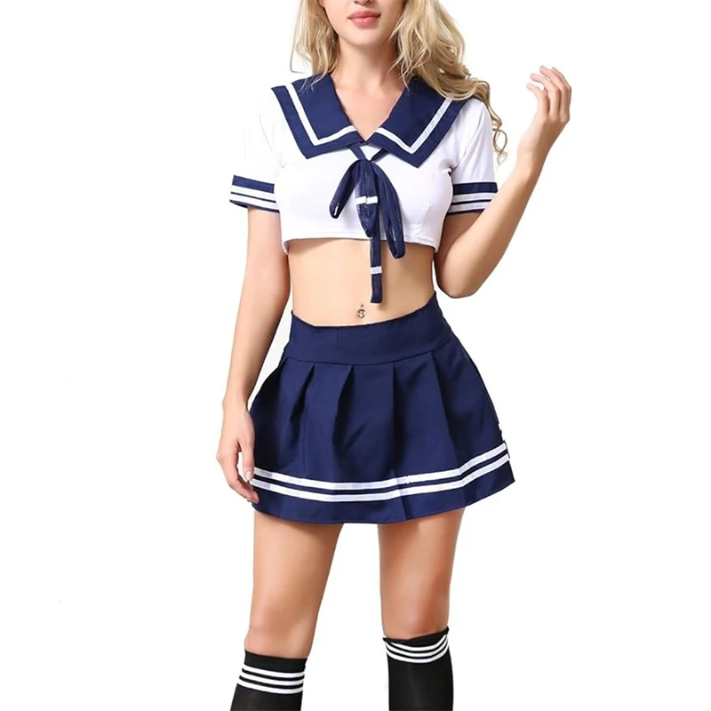 

Sexy Schoolgirl Cosplay Sailor Costume Student Party Role Play Outfit Woman Crop Top And Pleat Mini Skirt Babydoll Lingerie Set