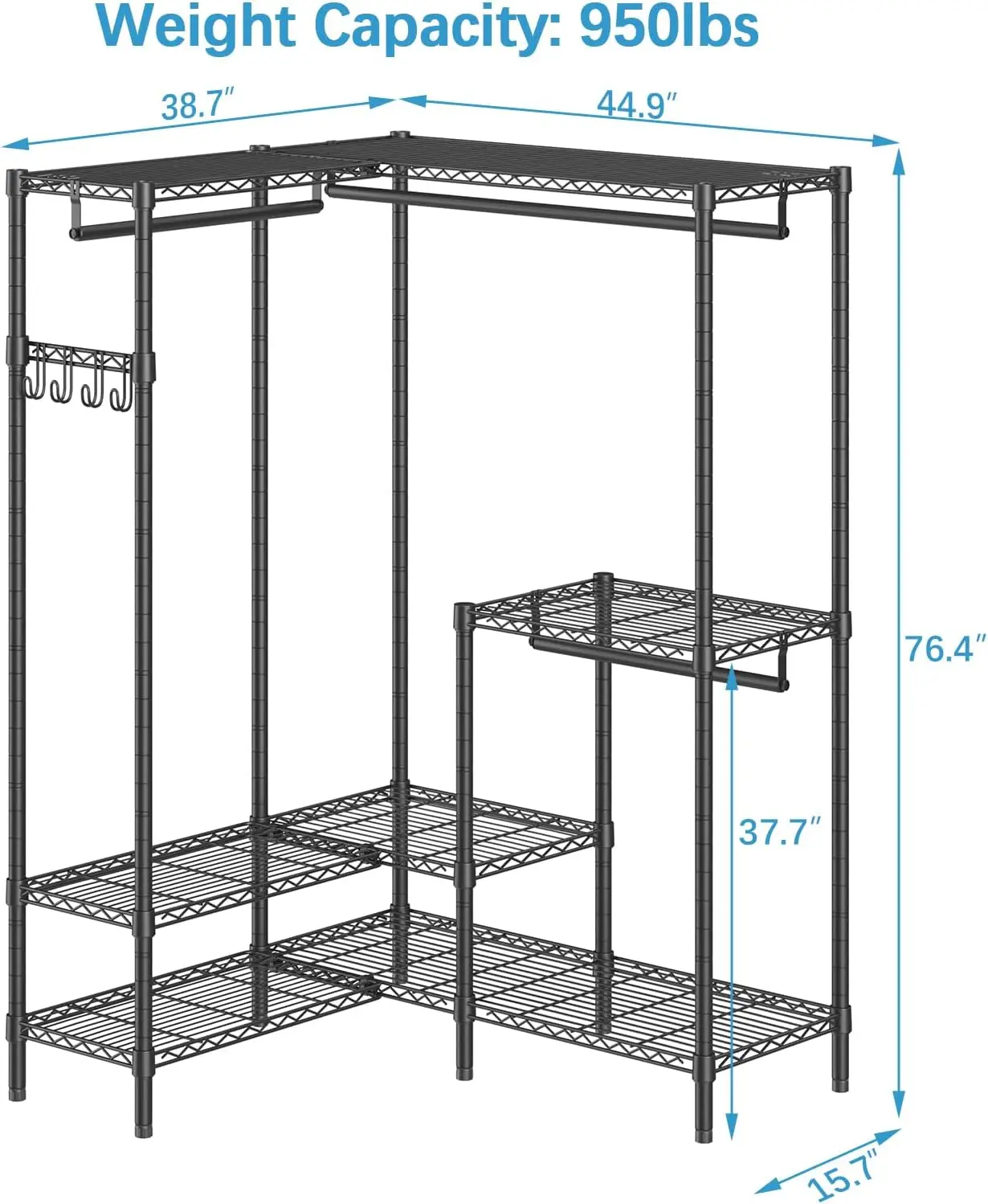 Appendiabiti L3, appendiabiti resistente a forma di L per appendere vestiti, appendiabiti angolare, sistema armadio indipendente con Adj