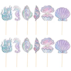 12Pcs Glitter Mermaid Cake Insert ornament Seahorse Star fish Cake Topper Cupcake Dessert Topper Baby Shower Birthday