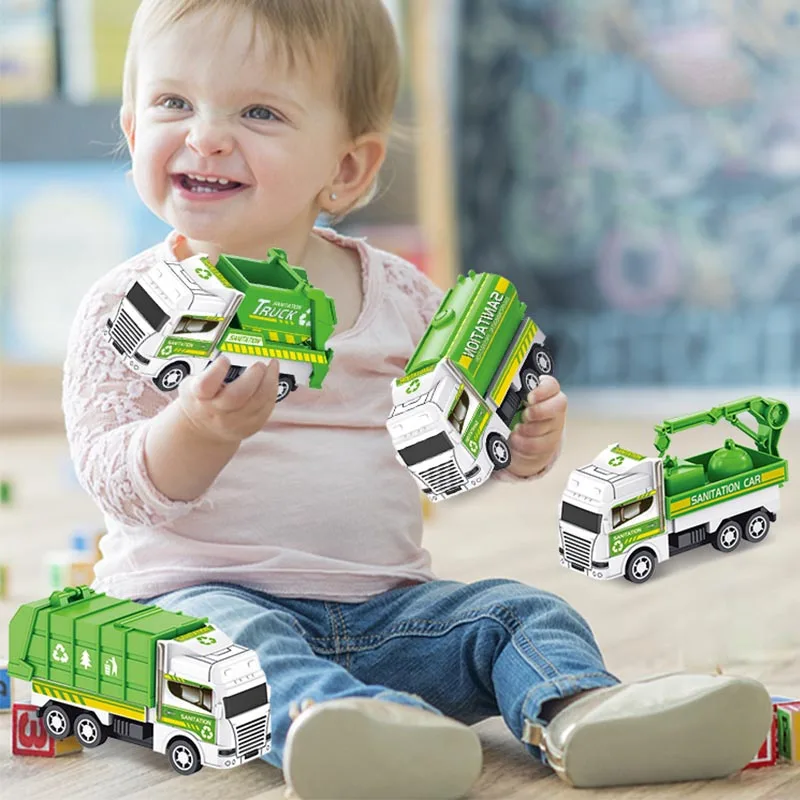 Camión de saneamiento de inercia para niños, 4 piezas, modelo de plástico, vehículo de ingeniería, motor de bomberos, juguetes para niños, regalo
