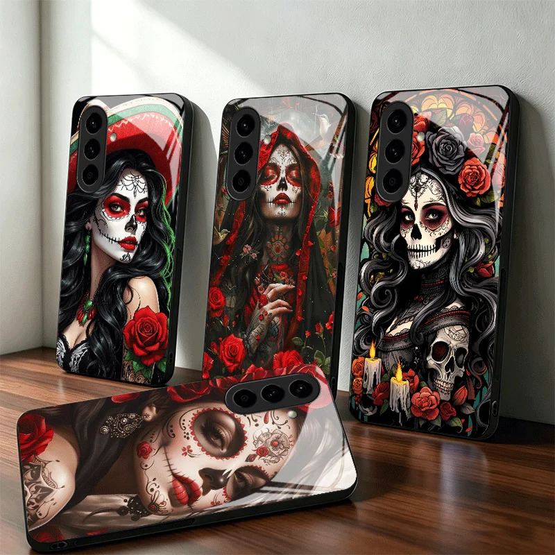 Catrina Beautiful Rose Girl Skull Glass Phone Case for Samsung A17 A16 A15 A14 A13 A57 A56 A55 A54 A53 A37 A36 A35 A34 A33 A27 A