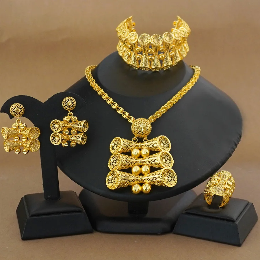 9999 gold four-piece tie set, African earrings, rings, bracelets, necklace, bridal wedding