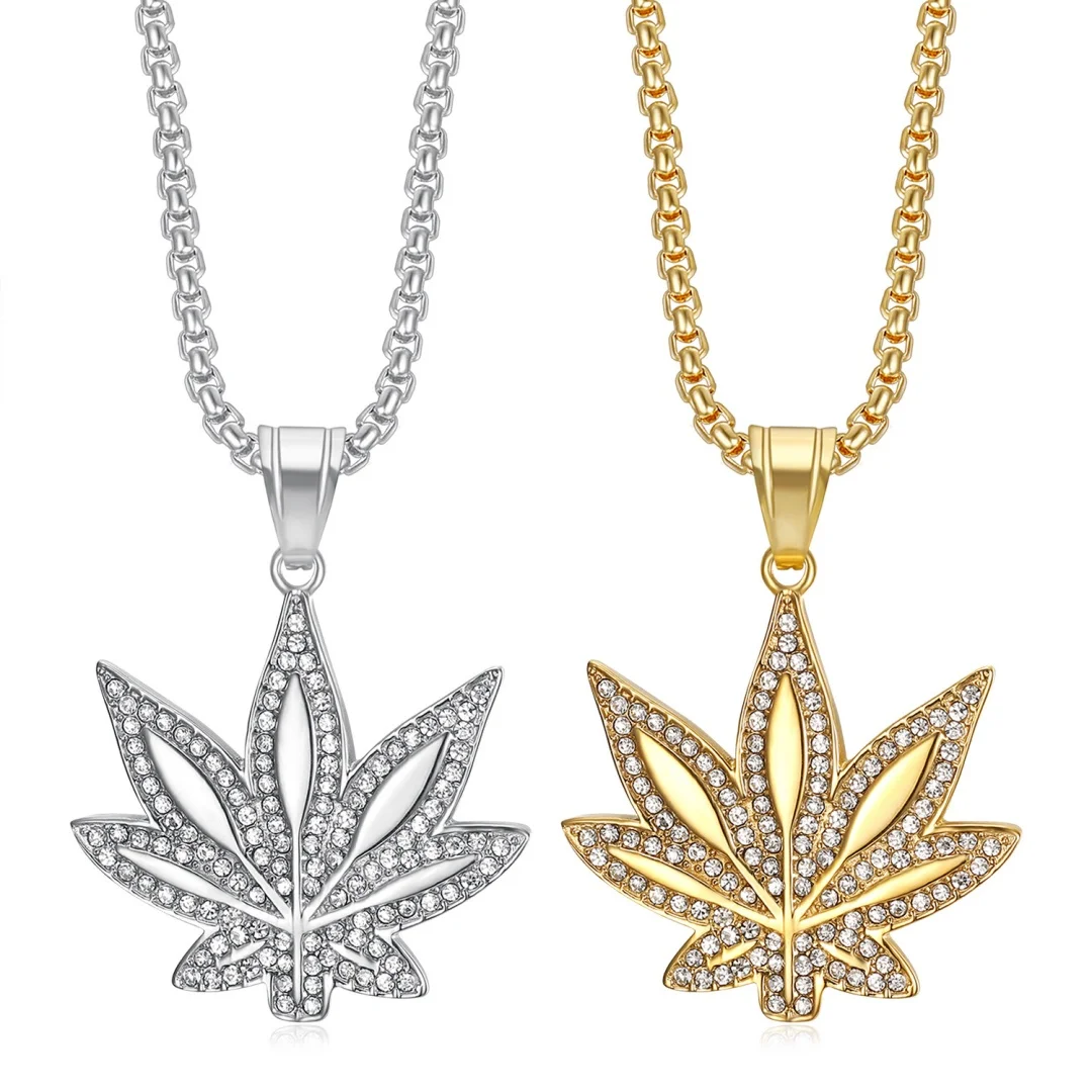 

Hip Hop Iced Out Tennis Hemp Leaf Pendant Gold Silver Color Stainless Steel Zirconia Rapper Necklace for Men Women Punk Jewelry