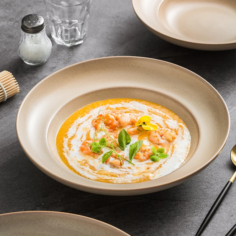 Creative Kiln Change Ceramic Special Flanging Western Food Dish Hotel Restaurant Salad Cutlery High-grade Round Retro Deep Plate