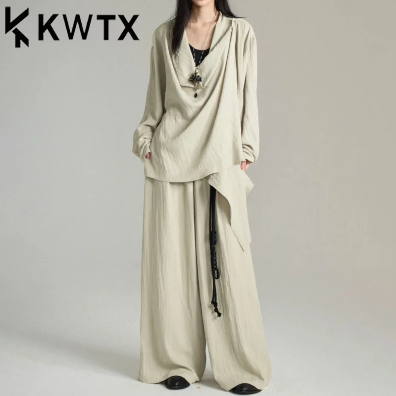 

KWTX женский комплект из двух предметов, рубашка, топ и широкие брюки, повседневные брюки с неровным подолом, винтажный шик, качество премиум-класса, весна-лето 2025