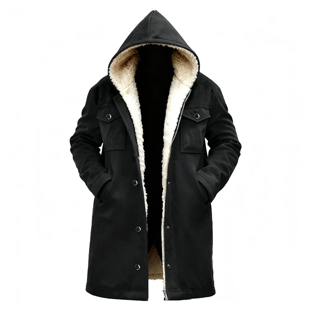 남성용 후드가 달린 중간 길이 스웨이드 플러시 따뜻한 재킷, 긴 소매와 기능성 포켓이 있는 일상복용 지퍼 코트