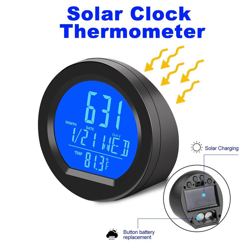 Horloges de voiture solaires pour tableau Prada, horloge LCD numérique, affichage de l\'heure de la température intérieure, horloges automatiques,