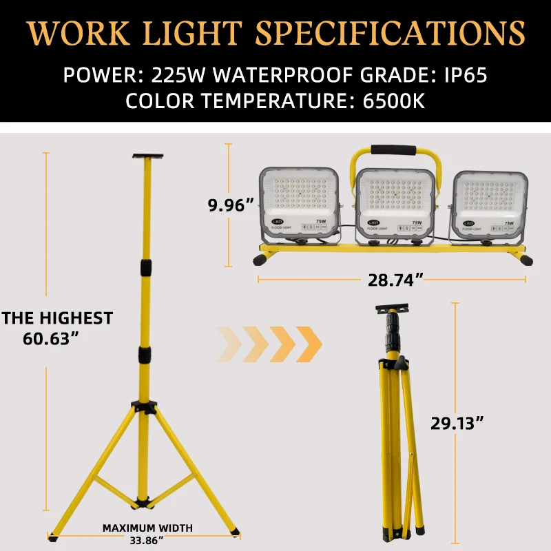 Portable Multifunctional LED Work Lights with Adjustable Telescoping Metal Tripod Bracket for Construction site industry