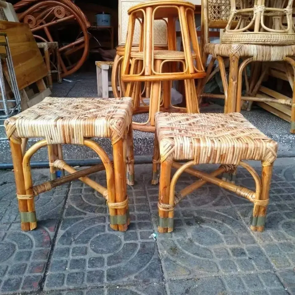 Rattan woven small stool four-square strong farm shoe changing stool outdoor classical Pure hand garden balcony patio furniture