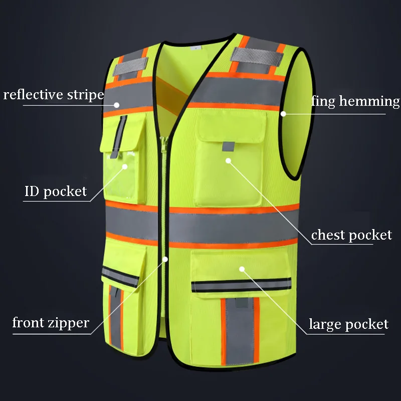 Size M-3XL Safety Vest Reflective High Visibility ANSI Class 2 Vest with Pockets and Zipper Construction Work Vest Men and Women