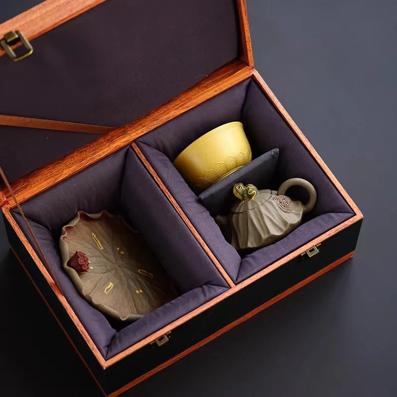 Yixing purple sand, lotus pond clear fun, one pot, one plate and one cup, hardcover gift box, blue gray 130cc.