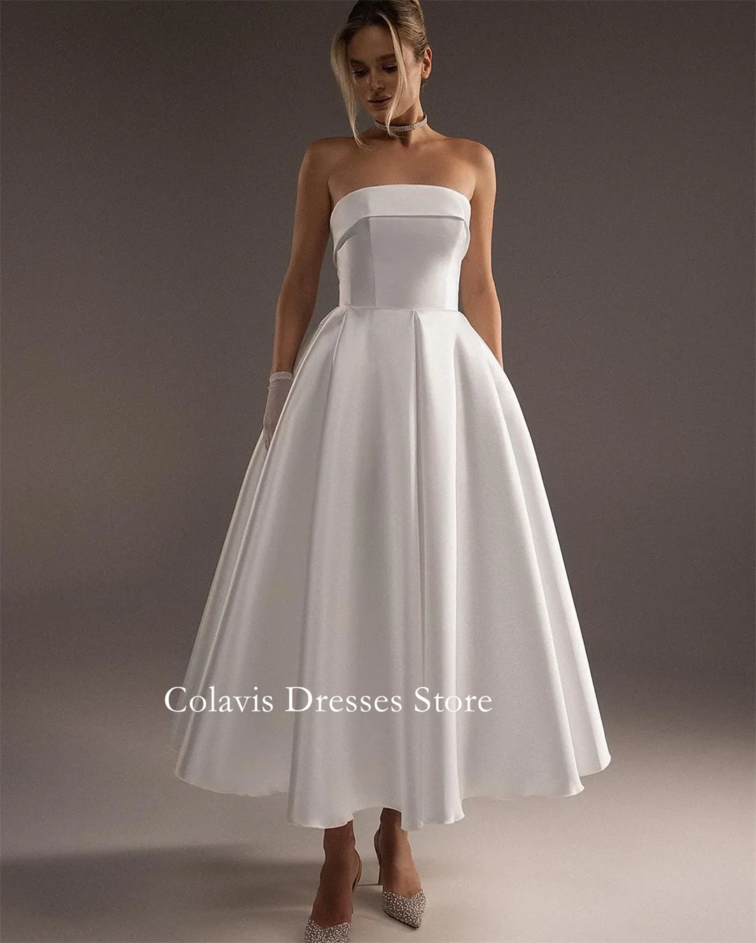 

Fanan Strapless Mikado A-Line Midi Wedding Dress Customized Modern Civil Short White Bridal Party Gown Vestidos De Novia