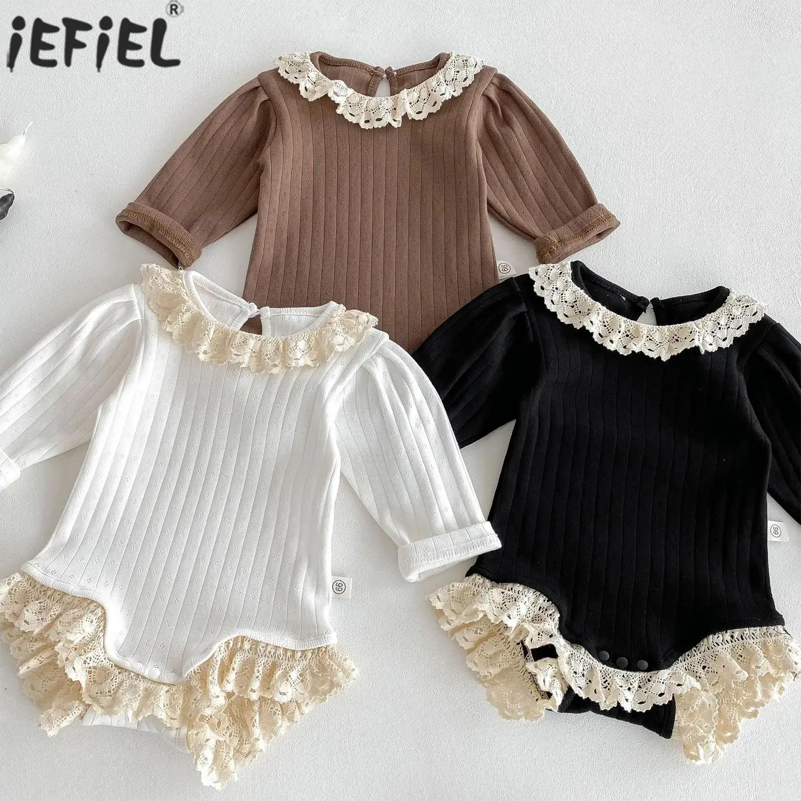 

Infant Baby Girls Cute Lace Trim Ribbed Rompers Long Sleeves Sweet Bodysuit Kids Spring Autumn Clothes for Holiday Wedding Party