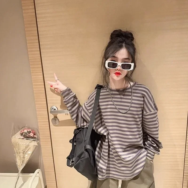 2025 أطفال فتاة الموضة القديمة الكورية تي شيرت كم طويل تي شيرت 6 7 من 8 11 4 مخطط تي شيرت الملابس للفتيات 10 إلى 12 سنة