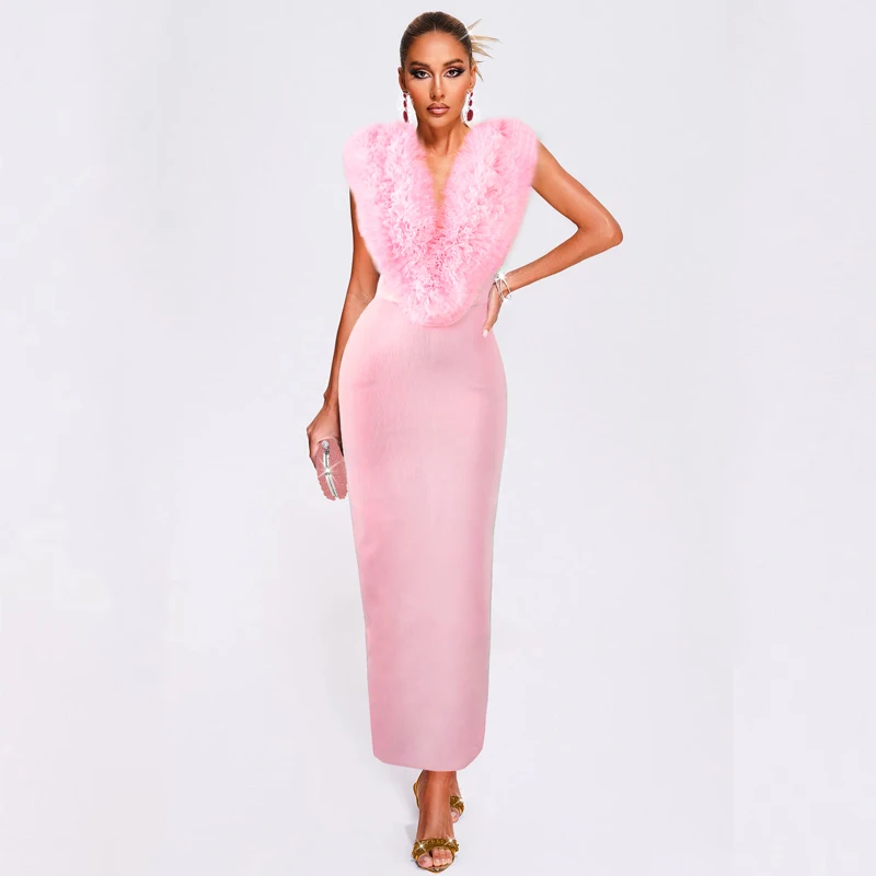 Pink V Neck Mesh Ruffles Bodycon Prom Bandage Dress Sexy Sleeveless Midi Tierred Celebrity Evening Runway Party Prom Dress