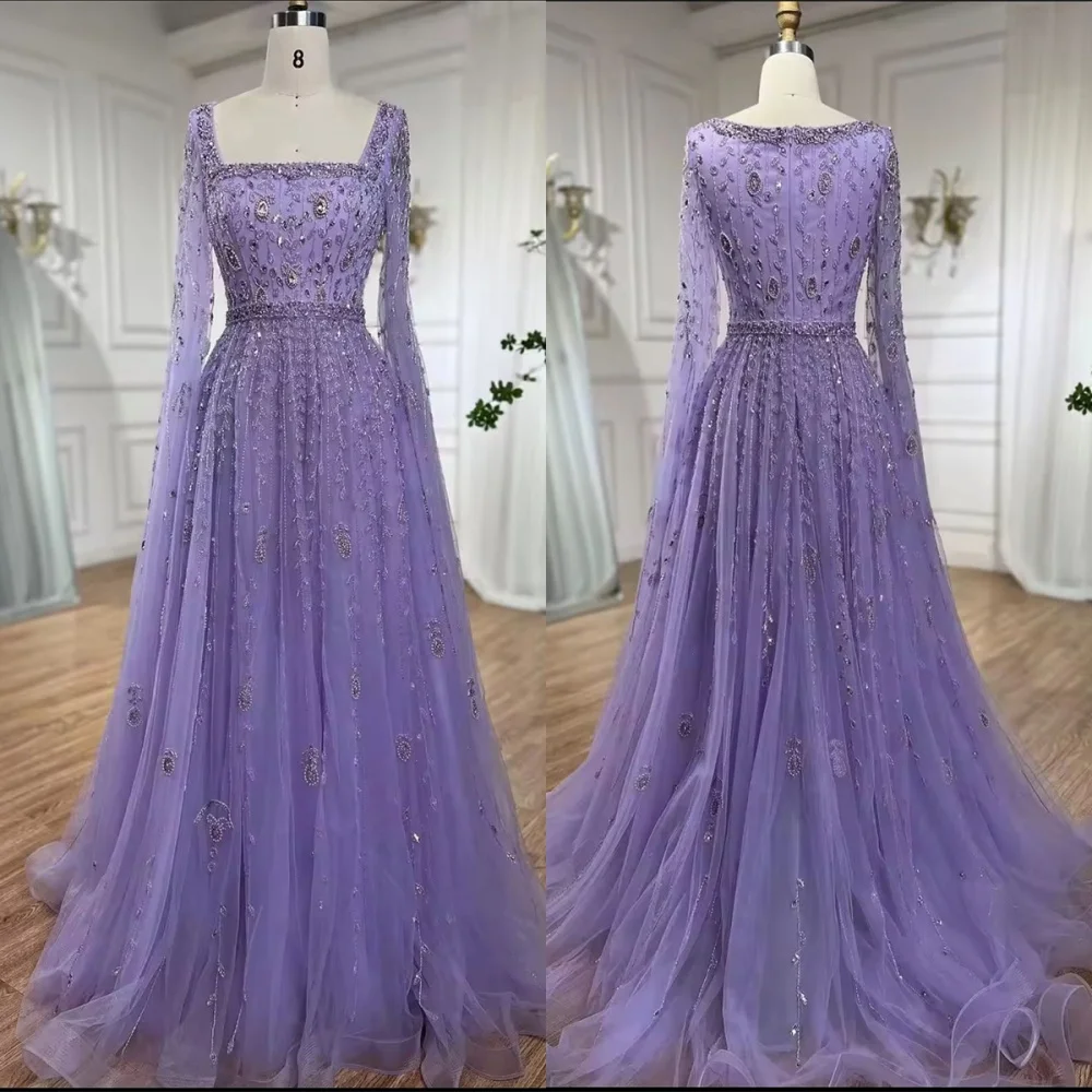 

Customized Delicate Light Purple Organza Evening Dress Graceful Square Collar Long Sleeves Zipper Back Crystal Homecoming Dress
