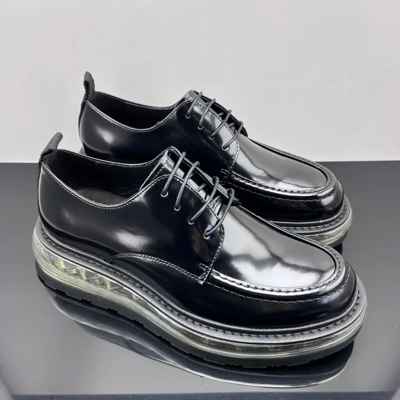 Genuine Leather Men's Dress Derby Shoes Black Cowhide Business Casual Office Thick Bottom Shock-absorbing Sole Sports Shoes Male