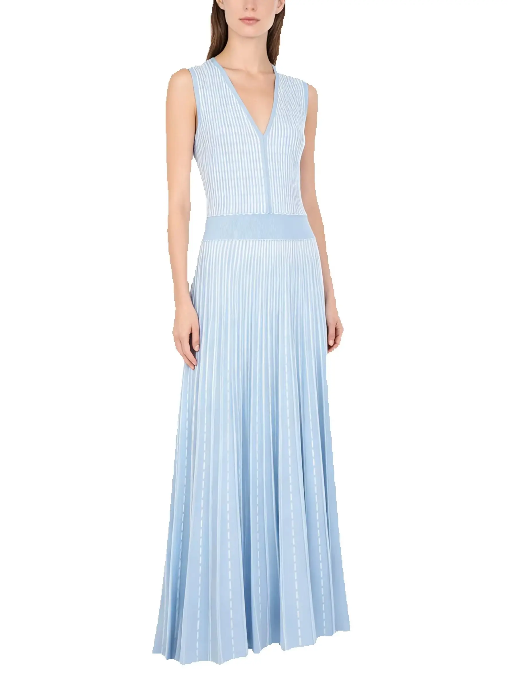 

26135 New Striped Knit Midi Maxi Dress Women Sleeveless V Neck High Waist Pleated Flared Hem Elegant Daily Occasion Dresses