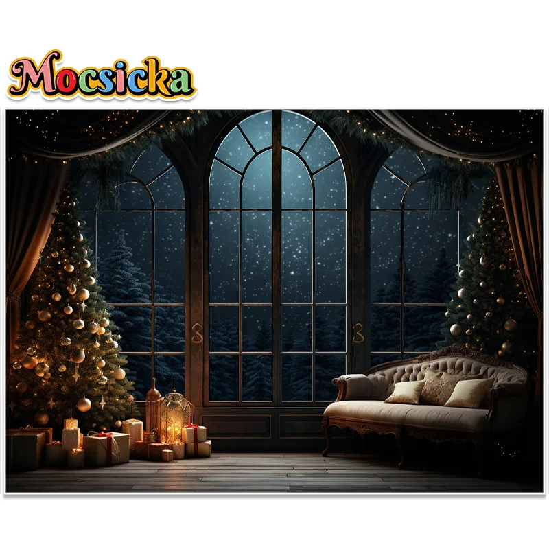 Winter Christmas Room Background Xmas Trees Window Outside Night Stars Snow Decoration Kids Portrait Photo Backdrops Photobooth