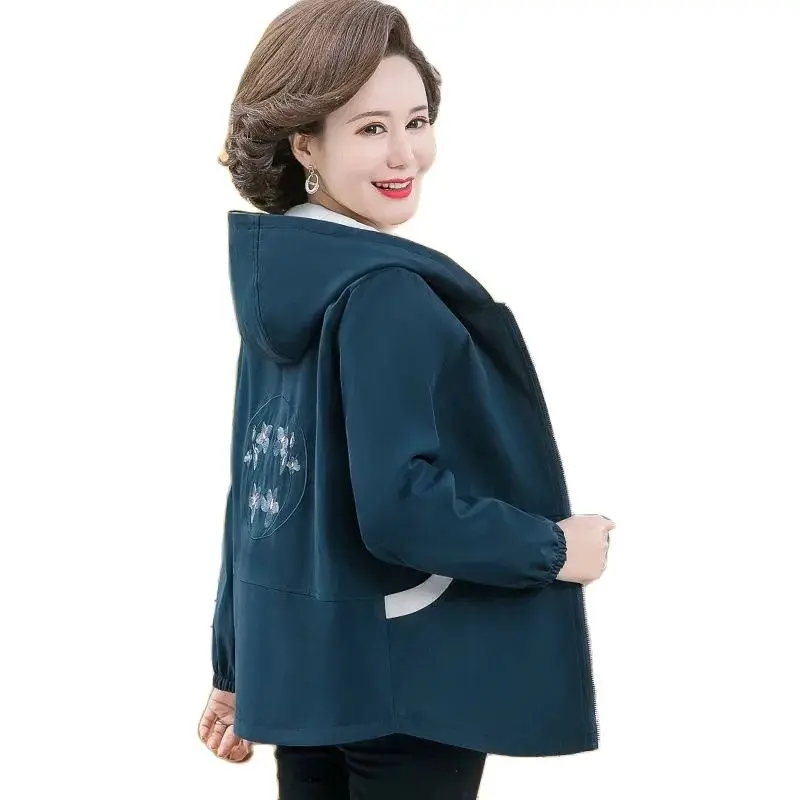 

Spring Autumn Windbreakers Middle-Aged Elderly Mothers Medium Long Embroidered Women's Coat Loose Hood Splicing Female Outerwear