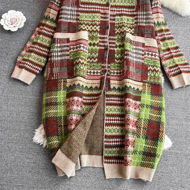 Retro Ethnic Style Sweater Coat Women\'s Autumn Winter Oversized Stand Neck Single Breasted Knitted Jacquard Dress Cardigan Z2860