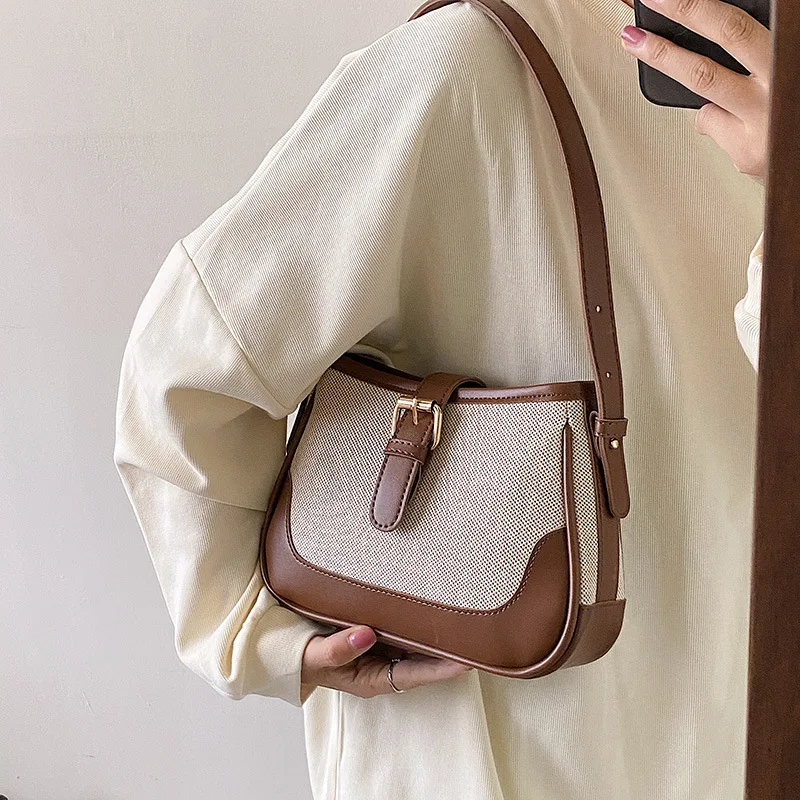 Underarm Bag Women\'s Spring/Summer 2023 New PU Canvas Retro Single Shoulder Bag Horizontal Fashion Square Crossbody Bag