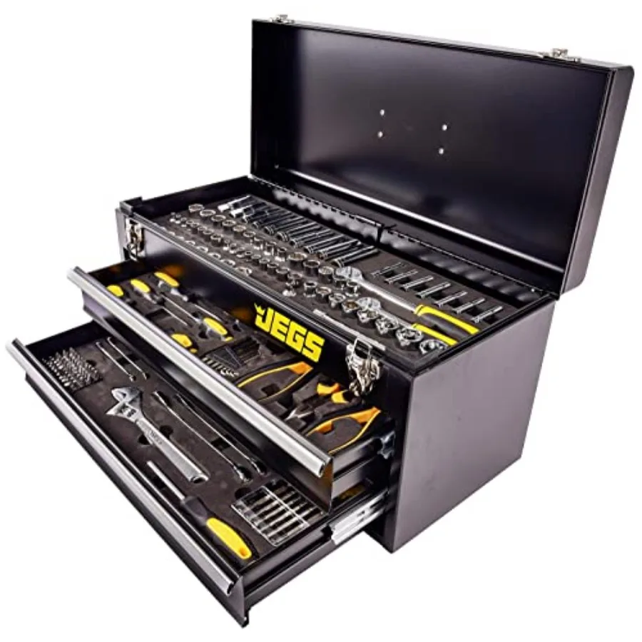 

Набор инструментов для механика JEGS, 170 предметов, стальной ящик для инструментов с черным порошковым покрытием, с комплексными удлинителями розетки, трещотками Wr