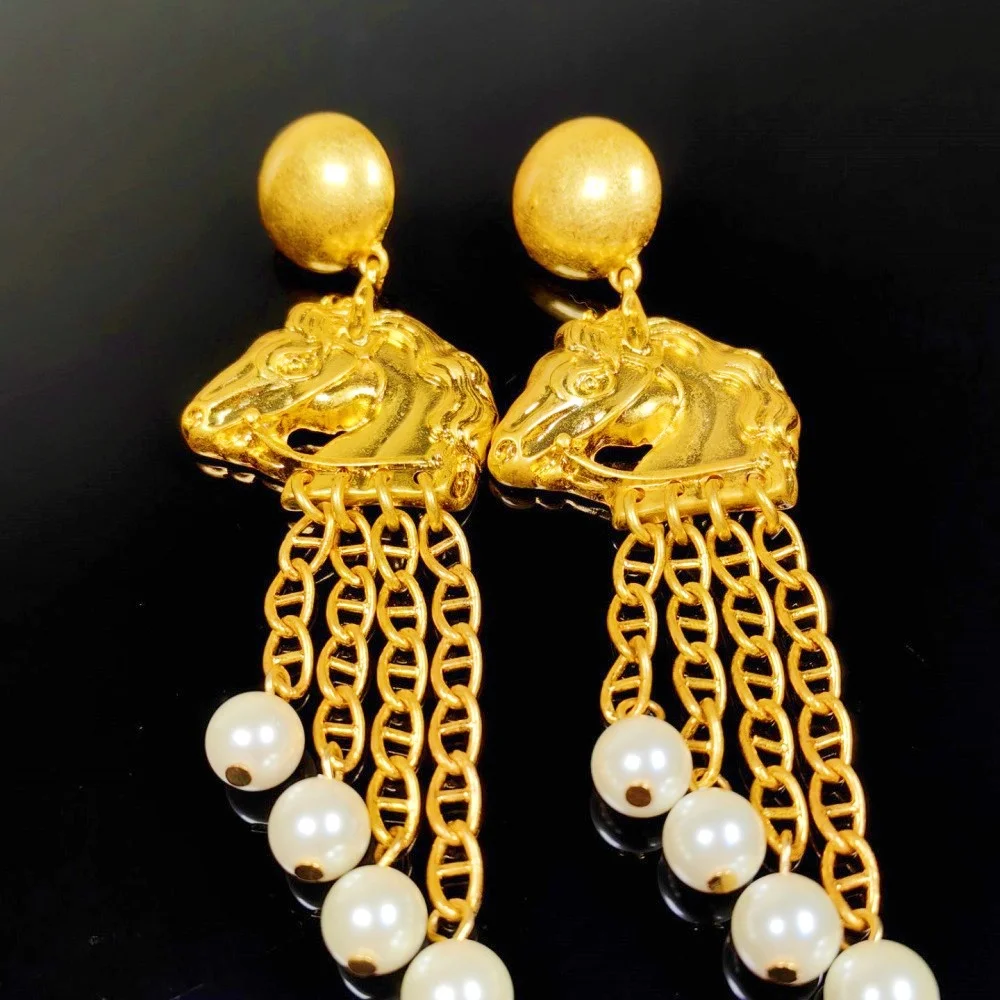 Medieval drop oil enamel tassel horse exaggerated personality pearl drop earrings