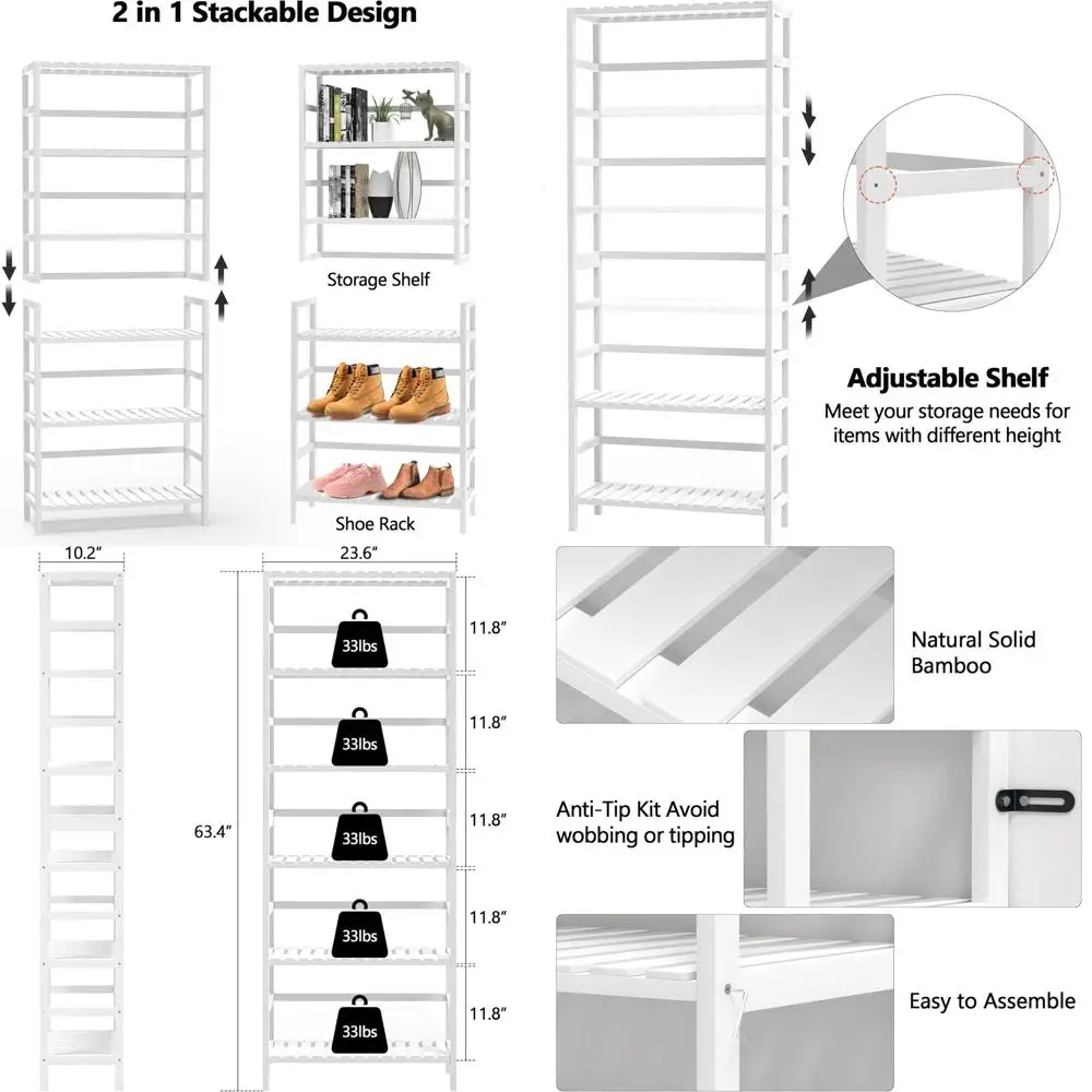 

6-Tier Bamboo Shelving Unit, Adjustable Tall Bookcase for Home Storage, Suitable for Living Room, Bathroom, and Kitchen, White