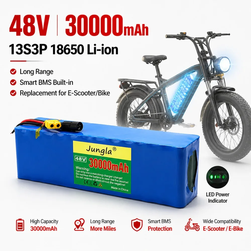 48V 13S3P 30000mAh Ebike Battery - 18650 Li-ion with BMS, Replacement for Scooter/Bike, Long Range