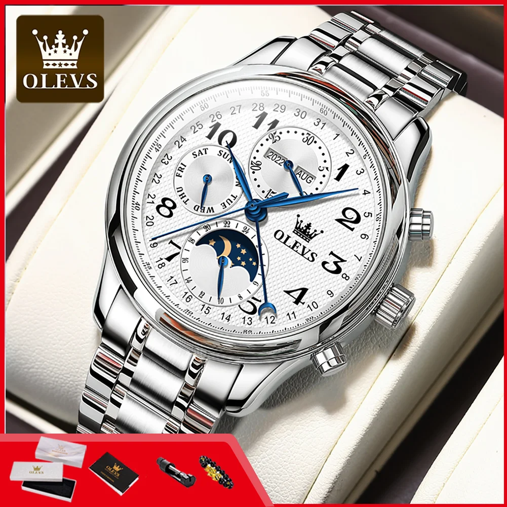 OLEVS 6667 Hot Luxury Original Mens Watch Moon Phase Waterproof Stainless Steel Calendar Mechanical Automatic Wristwatch for Man