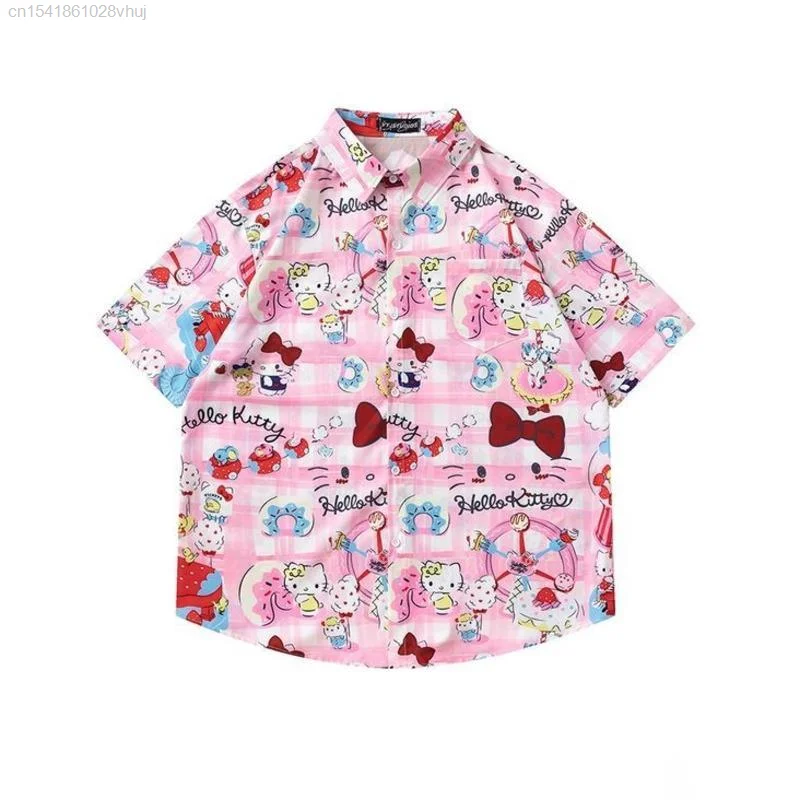 Sanrio Cartoon Hello Kitty Shirt Summer New Casual Hip Hop Streetwear Shirt Women 2000s Y2k Grunge Emo Blouse Korean Fashion Yk2