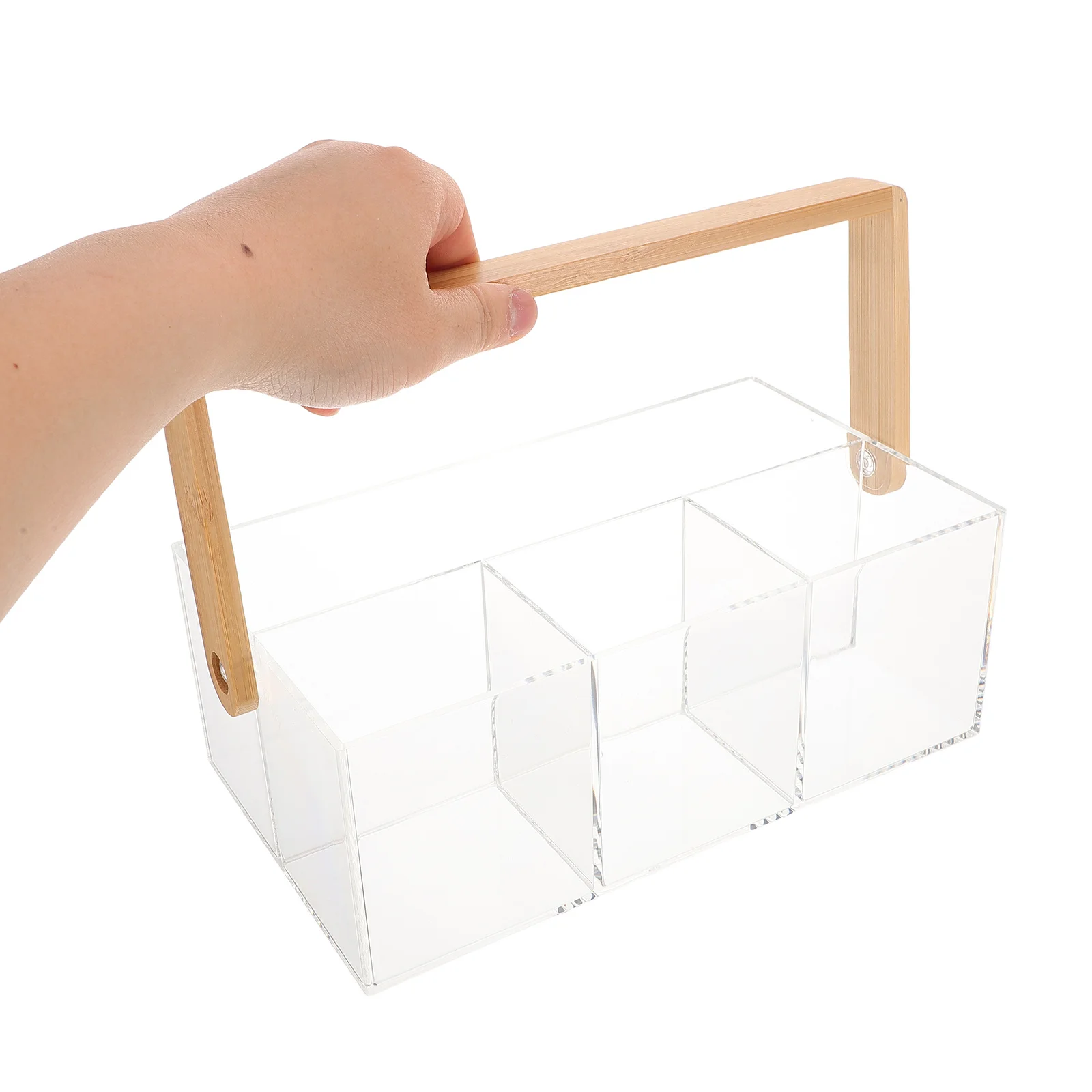

Portable Clear Plastic Cutlery Box Divided Utensil Organizer with Bamboo Handle for Home Party Restaurant Tableware Management