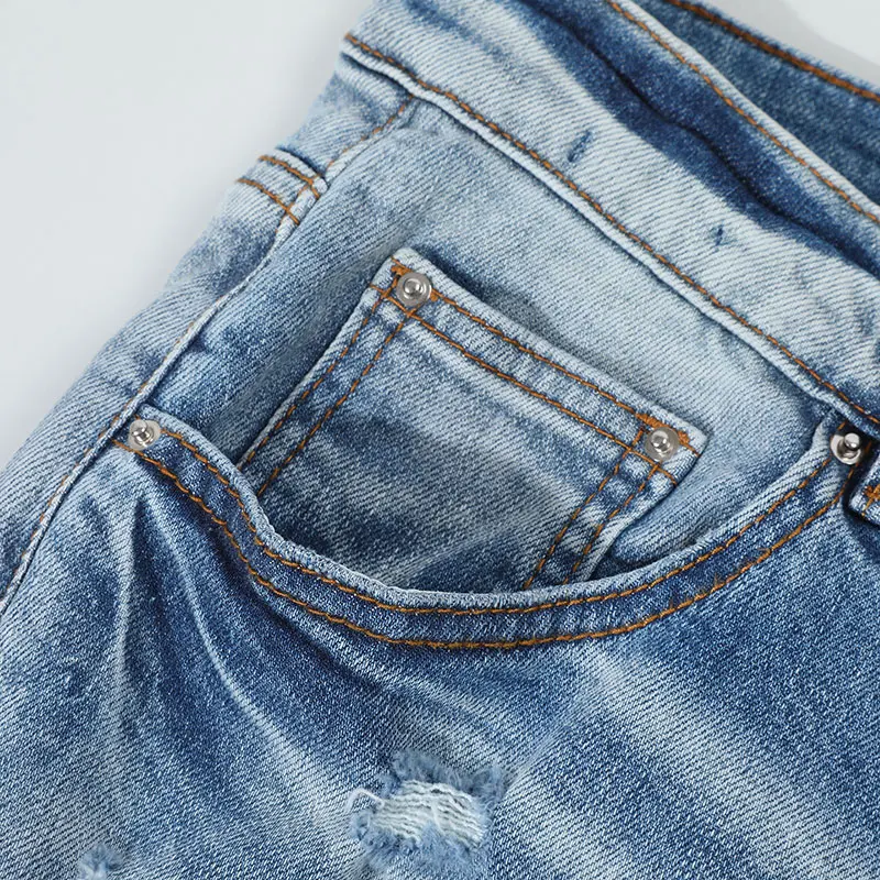 

fashion newY2K elastic denim jeans slim fit perforated red patch washed nostalgic light blue jeans high street high-quality pan