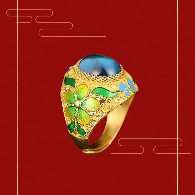 

9999 24K real gold enamel butterfly flower ring retro women's ring enamel ring jewelry