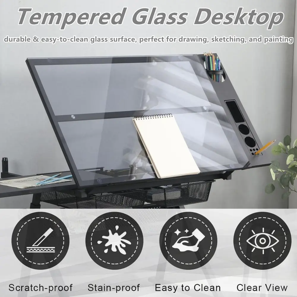 Adjustable Height Glass Art Desk with Stool and Multi-Storage for Sketching and Painting, Ideal for Artists and Hobbyists, Black view 4