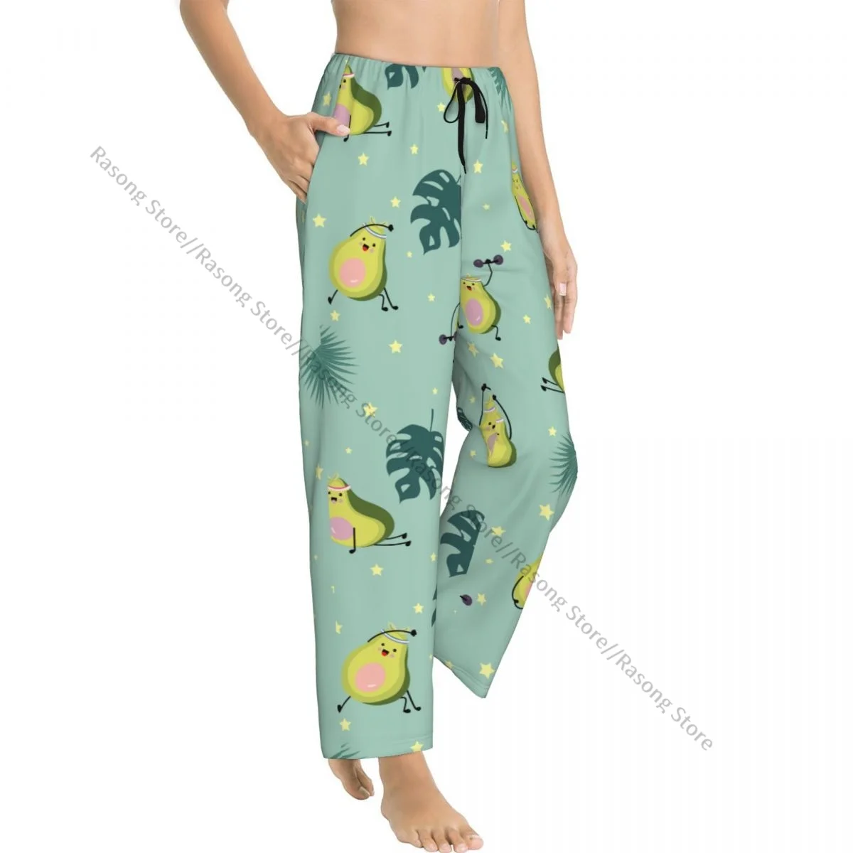 Green Avocado With Leaf And Star Flannel Pajama Pants for Women Soft Warm Sleep Pants with Elastic Waistband