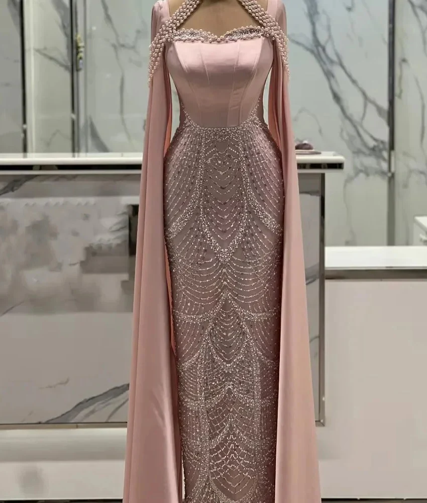 

Customized Luxury Sequined Beading Pearls Crystal Straight Evening Dress High Quality Halter Long Sleeves Bespoke Occasion Gowns